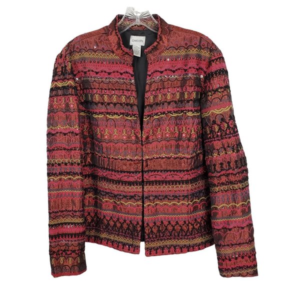 Chico's L Size 2 Jacket Blazer Embellished Beaded Sequins Embroidered Fitted - Picture 2 of 6